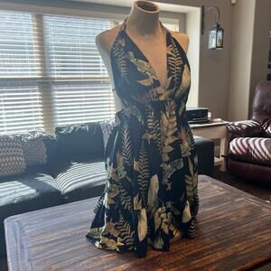 Tropical Halter Dress XL Flowy Summer Vacation Resort Wear Botanical Print